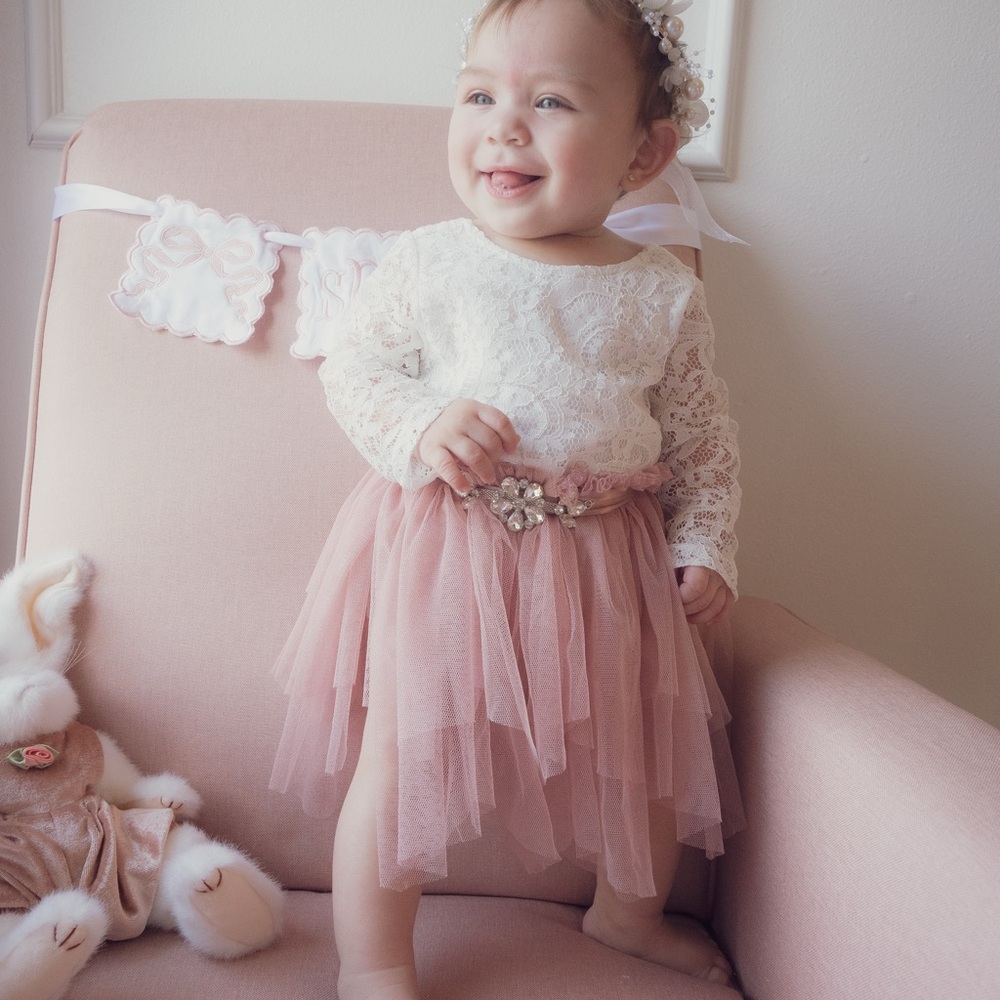 White Lace and Pink Tulle Dress